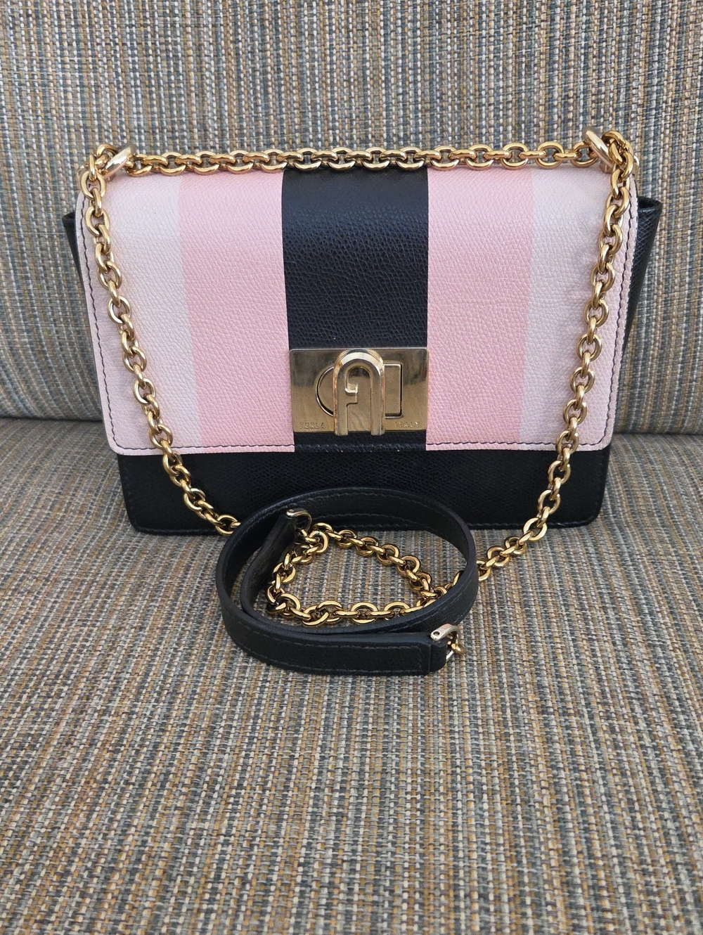 Furla Pink, Black & Cream Striped Chain Crossbody and dusty